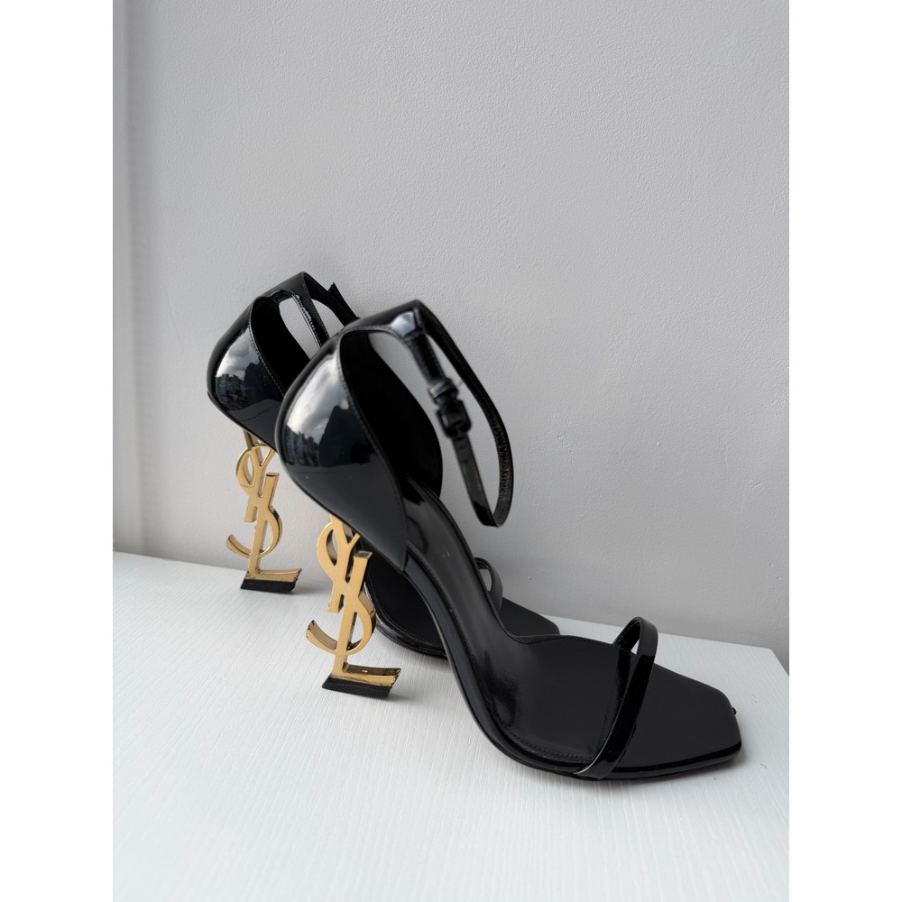 Saint Laurent Opyum Black Patent Leather YSL Gold Monogram Heel Sandals Size 38 - Picture 4 of 12